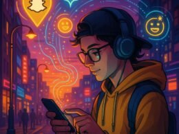 Junge, tech-affine Person beim Tippen auf Smartphone vor digitalem, lebendigem Stadtbild mit holografischen Elementen und Neonlichtern bei Sonnenuntergang