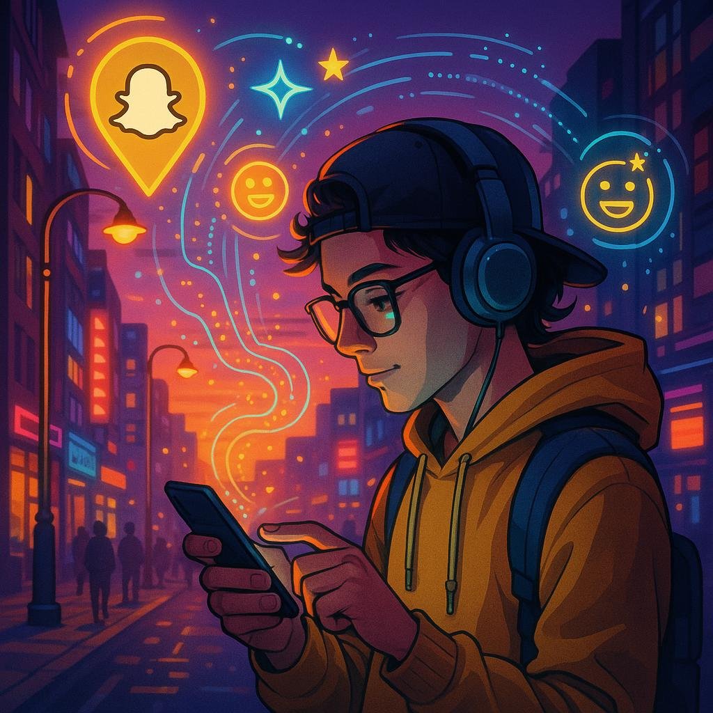 Junge, tech-affine Person beim Tippen auf Smartphone vor digitalem, lebendigem Stadtbild mit holografischen Elementen und Neonlichtern bei Sonnenuntergang