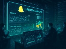 Futuristischer digitaler Kontrollraum mit holografischen Bildschirmen, Datenstreams und interaktiven Interfaces, zeigt Hashtag-Trends, Sentimentanalyse und Geowärmebildkarten. Credit: 404 Magazine (Tobias Hager)