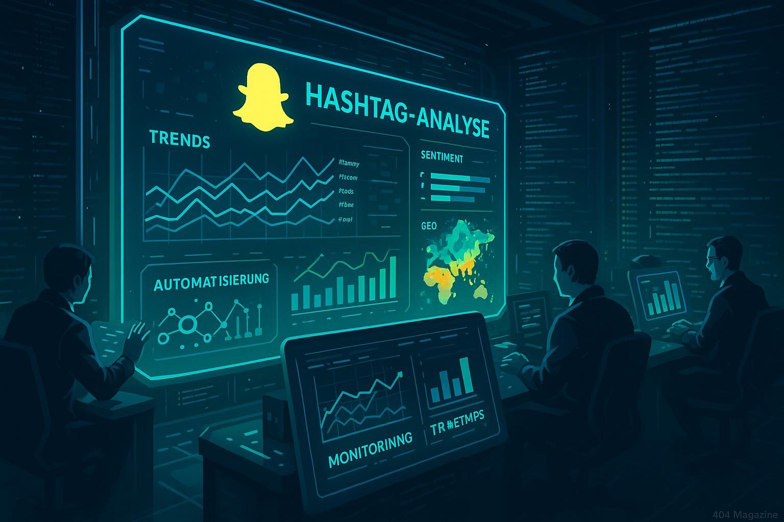 Futuristischer digitaler Kontrollraum mit holografischen Bildschirmen, Datenstreams und interaktiven Interfaces, zeigt Hashtag-Trends, Sentimentanalyse und Geowärmebildkarten. Credit: 404 Magazine (Tobias Hager)