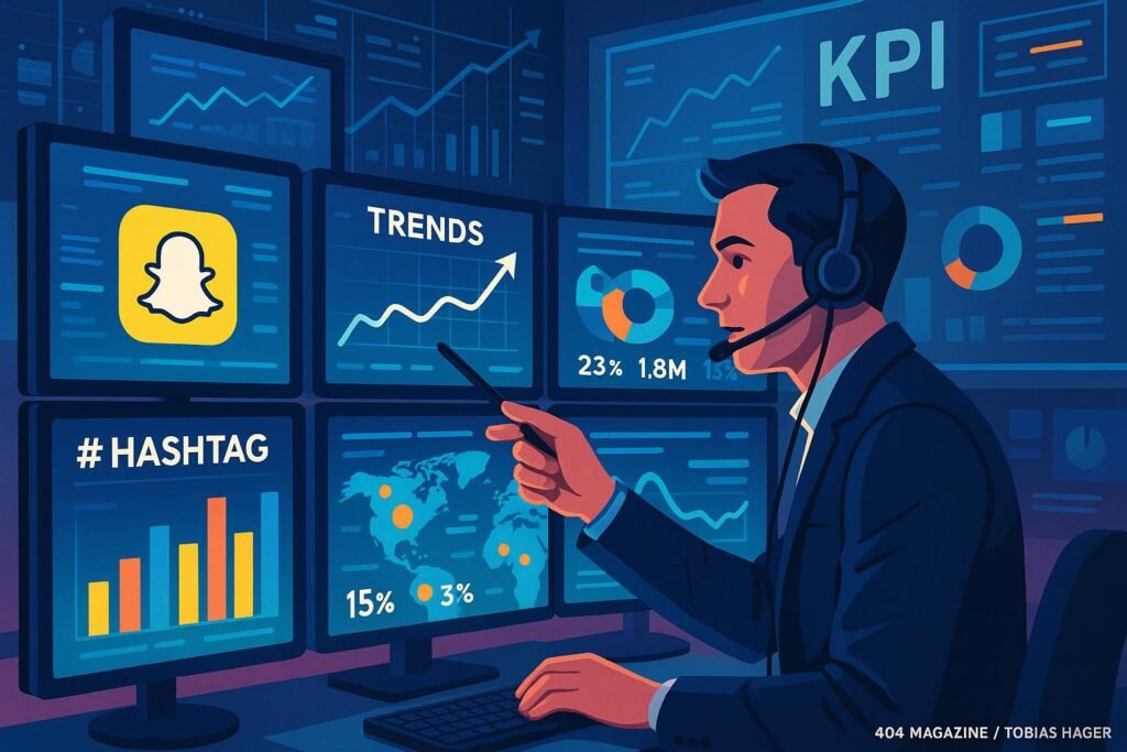 Social Media Analyst vor Monitoren mit Datenvisualisierungen, Trendcharts und geografischen Karten im Kontrollraum, zeigt auf einen Bildschirm mit Trenddaten und nutzt einen digitalen Stift, um Ergebnisse zu erklären.