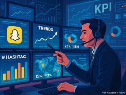 Social Media Analyst vor Monitoren mit Datenvisualisierungen, Trendcharts und geografischen Karten im Kontrollraum, zeigt auf einen Bildschirm mit Trenddaten und nutzt einen digitalen Stift, um Ergebnisse zu erklären.