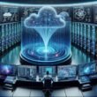 Futuristisches Datenzentrum mit Serverracks, Datenlake, holografischen Netzwerken und Entwickler an mehreren Monitoren, das die fortschrittliche KI-Infrastruktur präsentiert.