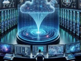 Futuristisches Datenzentrum mit Serverracks, Datenlake, holografischen Netzwerken und Entwickler an mehreren Monitoren, das die fortschrittliche KI-Infrastruktur präsentiert.