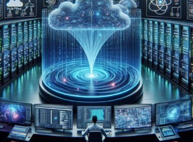 Futuristisches Datenzentrum mit Serverracks, Datenlake, holografischen Netzwerken und Entwickler an mehreren Monitoren, das die fortschrittliche KI-Infrastruktur präsentiert.