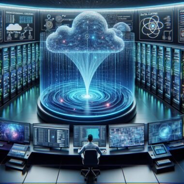 Futuristisches Datenzentrum mit Serverracks, Datenlake, holografischen Netzwerken und Entwickler an mehreren Monitoren, das die fortschrittliche KI-Infrastruktur präsentiert.