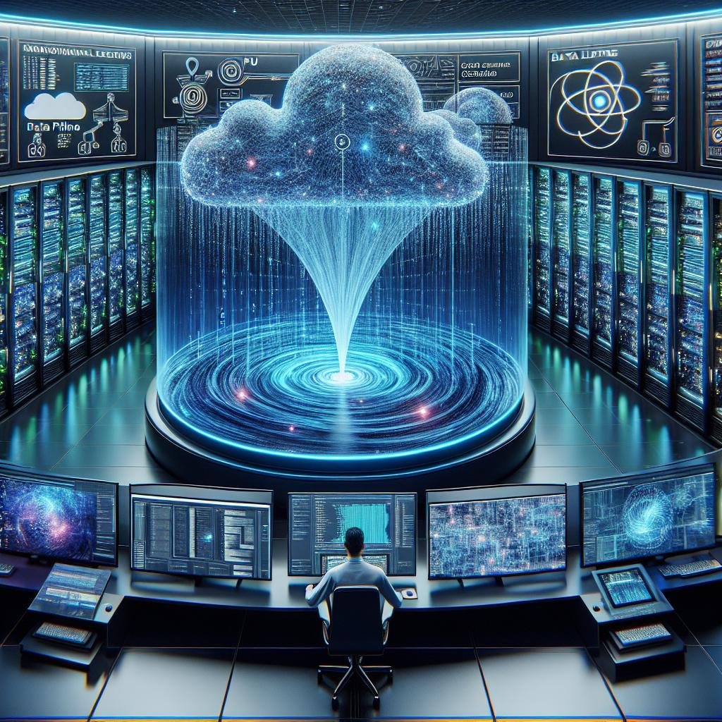 Futuristisches Datenzentrum mit Serverracks, Datenlake, holografischen Netzwerken und Entwickler an mehreren Monitoren, das die fortschrittliche KI-Infrastruktur präsentiert.