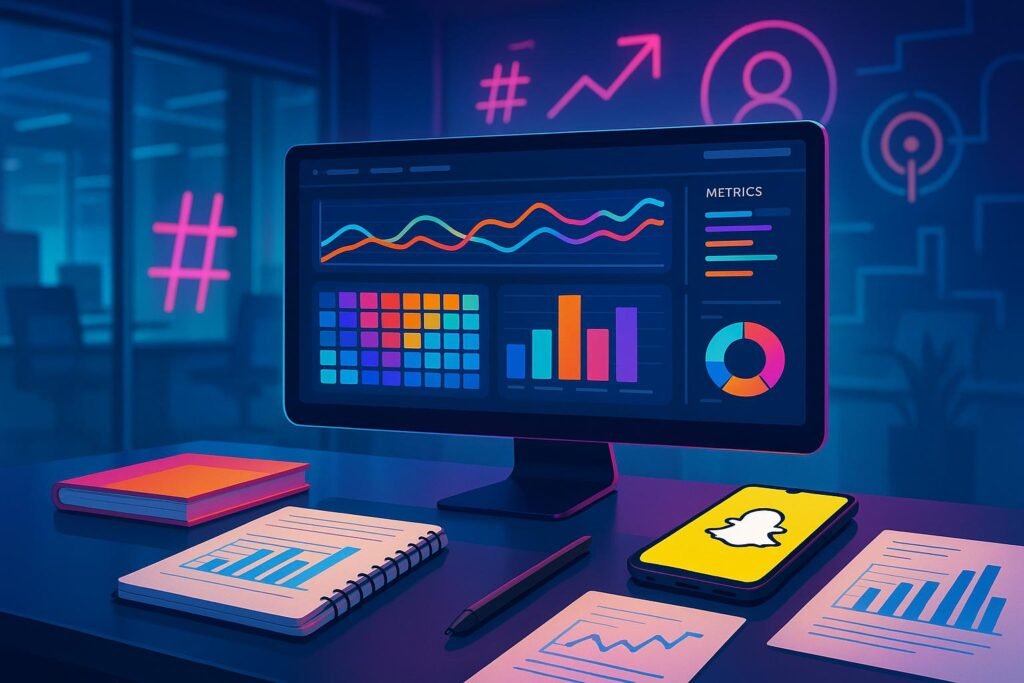 Moderner digitaler Arbeitsplatz mit Monitor, Notizbüchern, Smartphone mit Snapchat-Branding und analytischen Tools in einer High-Tech-Umgebung