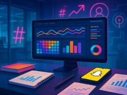 Moderner digitaler Arbeitsplatz mit Monitor, Notizbüchern, Smartphone mit Snapchat-Branding und analytischen Tools in einer High-Tech-Umgebung