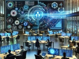 Modernes Büro mit verbundenen Geräten, digitaler ChatGPT-Darstellung auf großem Bildschirm, Diagrammen und SEO-Analysen im Hintergrund, symbolisiert technologische Innovation und Automatisierung