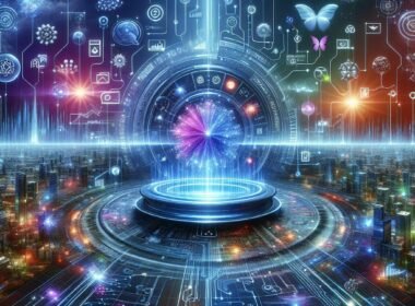 Futuristische digitale Landschaft mit holographischer Schnittstelle, neuronalen Netzwerken und einer leuchtenden Stadt, die die Kraft der KI im Marketing darstellt.