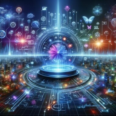 Futuristische digitale Landschaft mit holographischer Schnittstelle, neuronalen Netzwerken und einer leuchtenden Stadt, die die Kraft der KI im Marketing darstellt.