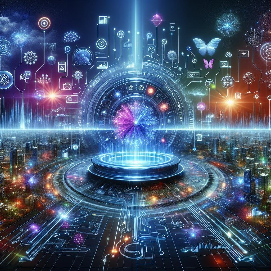 Futuristische digitale Landschaft mit holographischer Schnittstelle, neuronalen Netzwerken und einer leuchtenden Stadt, die die Kraft der KI im Marketing darstellt.