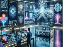 Futuristisches Designstudio mit großen transparenten Bildschirmen, auf denen innovative digitale Kunstwerke, KI-Modelle und komplexe Layouts zu sehen sind, im Hintergrund Lichtmuster und eine technologische Atmosphäre. Credit: 404 Magazine (Tobias Hager).