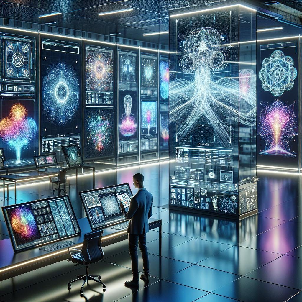 Futuristisches Designstudio mit großen transparenten Bildschirmen, auf denen innovative digitale Kunstwerke, KI-Modelle und komplexe Layouts zu sehen sind, im Hintergrund Lichtmuster und eine technologische Atmosphäre. Credit: 404 Magazine (Tobias Hager).