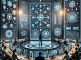 Futuristischer KI-Studioraum mit interaktiven Bildschirmen, holographischen Projektoren und einem vielfältigen Team von Marketingprofis, die mit der Technologie interagieren.