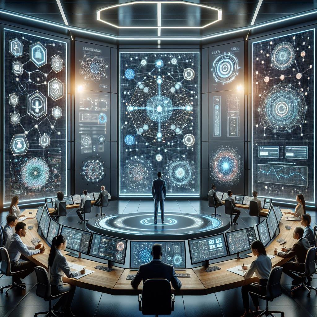 Futuristischer KI-Studioraum mit interaktiven Bildschirmen, holographischen Projektoren und einem vielfältigen Team von Marketingprofis, die mit der Technologie interagieren.