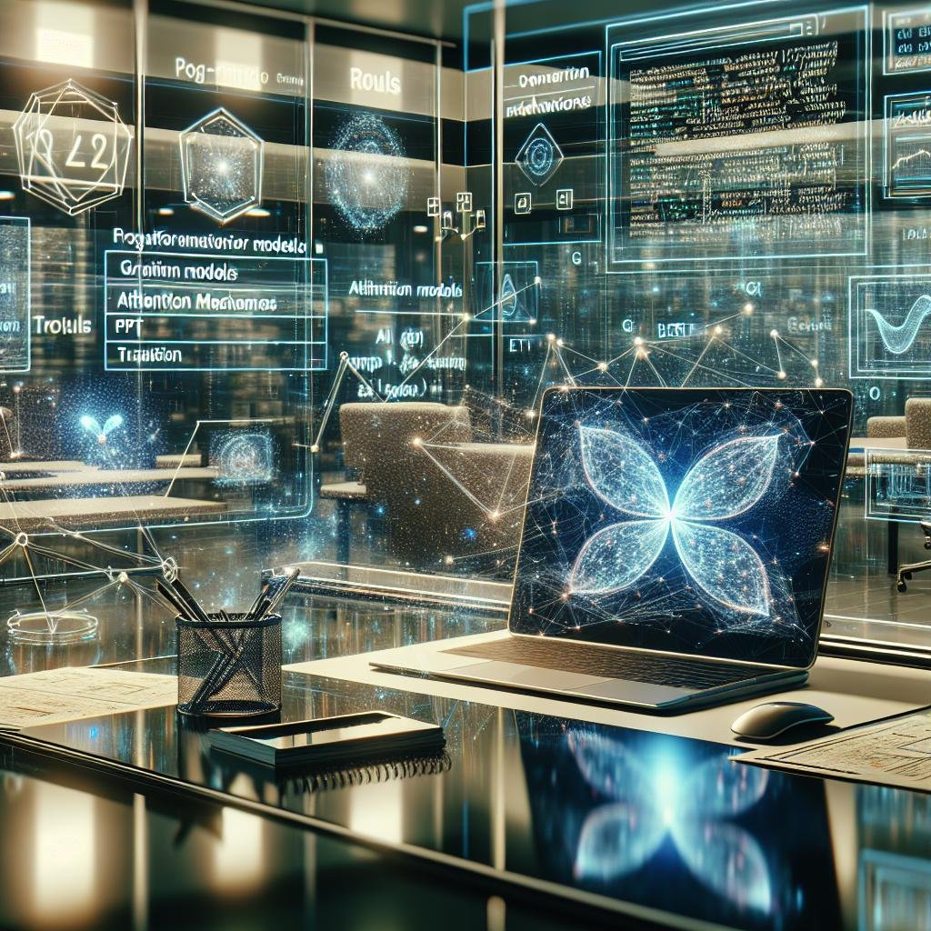 Moderner Arbeitsbereich mit Bildschirmen, die Code und KI-Modelle wie Transformer, Attention-Mechanismen und holographische Datenanalysen zeigen, © 404 Magazine (Tobias Hager)