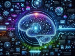 Futuristische digitale Illustration einer KI-gestützten Suchmaschinentechnologie mit neuronalen Netzwerken, semantischen Entitäten und Multimedia-Integration, veranschaulicht den Wandel hin zu intelligenter, kontextbasierter Suche.
