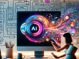 Ein moderner Arbeitsplatz mit großem Monitor, der ein farbenfrohes KI-generiertes abstraktes Bild zeigt, umgeben von kreativen Werkzeugen und Brainstorming-Notizen, mit einem professionellen Benutzer und natürlicher Beleuchtung.