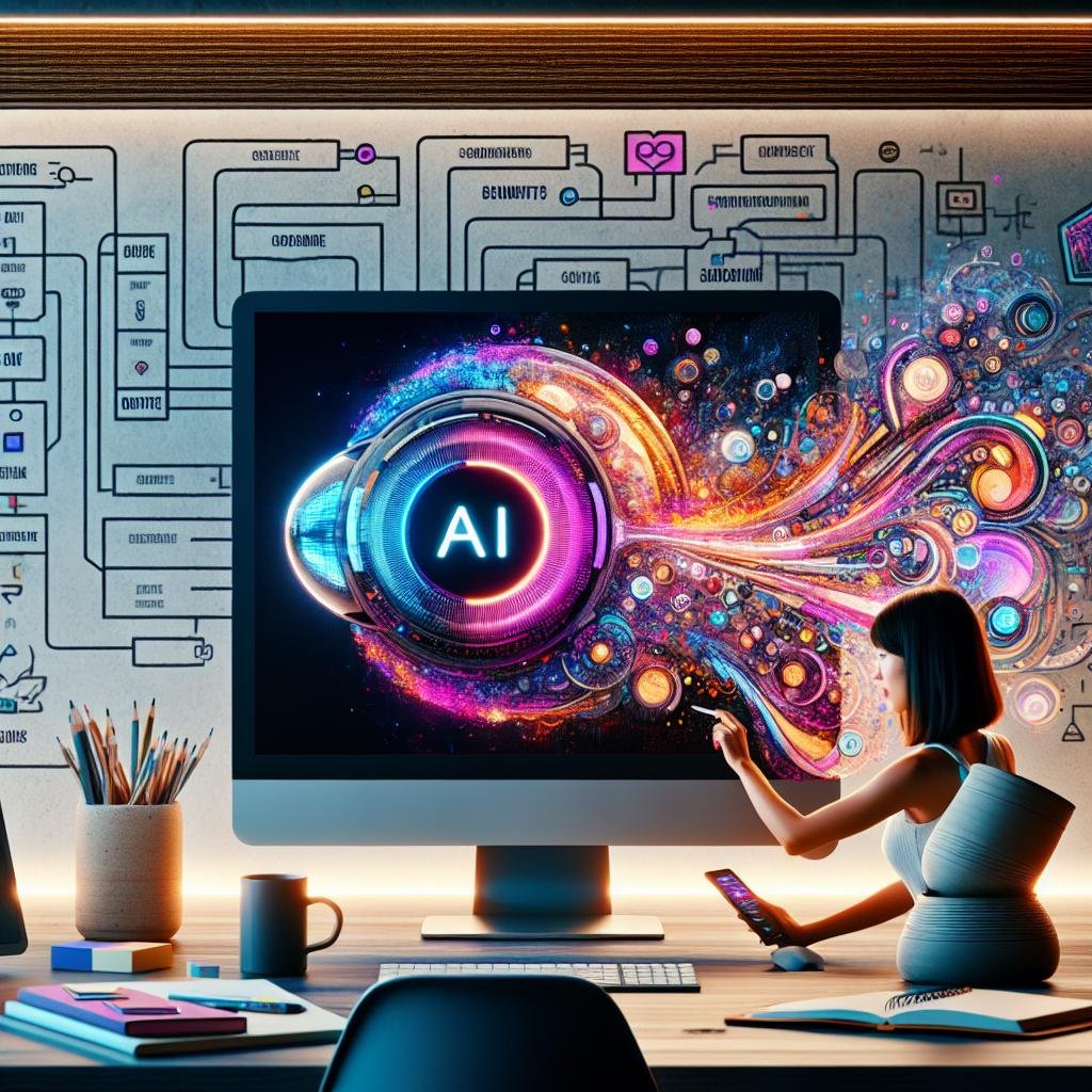 Ein moderner Arbeitsplatz mit großem Monitor, der ein farbenfrohes KI-generiertes abstraktes Bild zeigt, umgeben von kreativen Werkzeugen und Brainstorming-Notizen, mit einem professionellen Benutzer und natürlicher Beleuchtung.