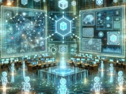 Futuristisches Kontrollzentrum mit holographischen Displays, autonomen KI-Agenten und blockchain-gesicherten Daten in einer modernen Umgebung.