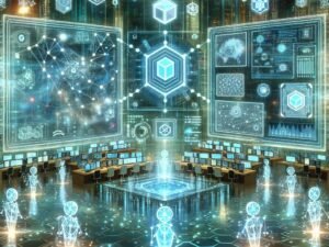 Futuristisches Kontrollzentrum mit holographischen Displays, autonomen KI-Agenten und blockchain-gesicherten Daten in einer modernen Umgebung.