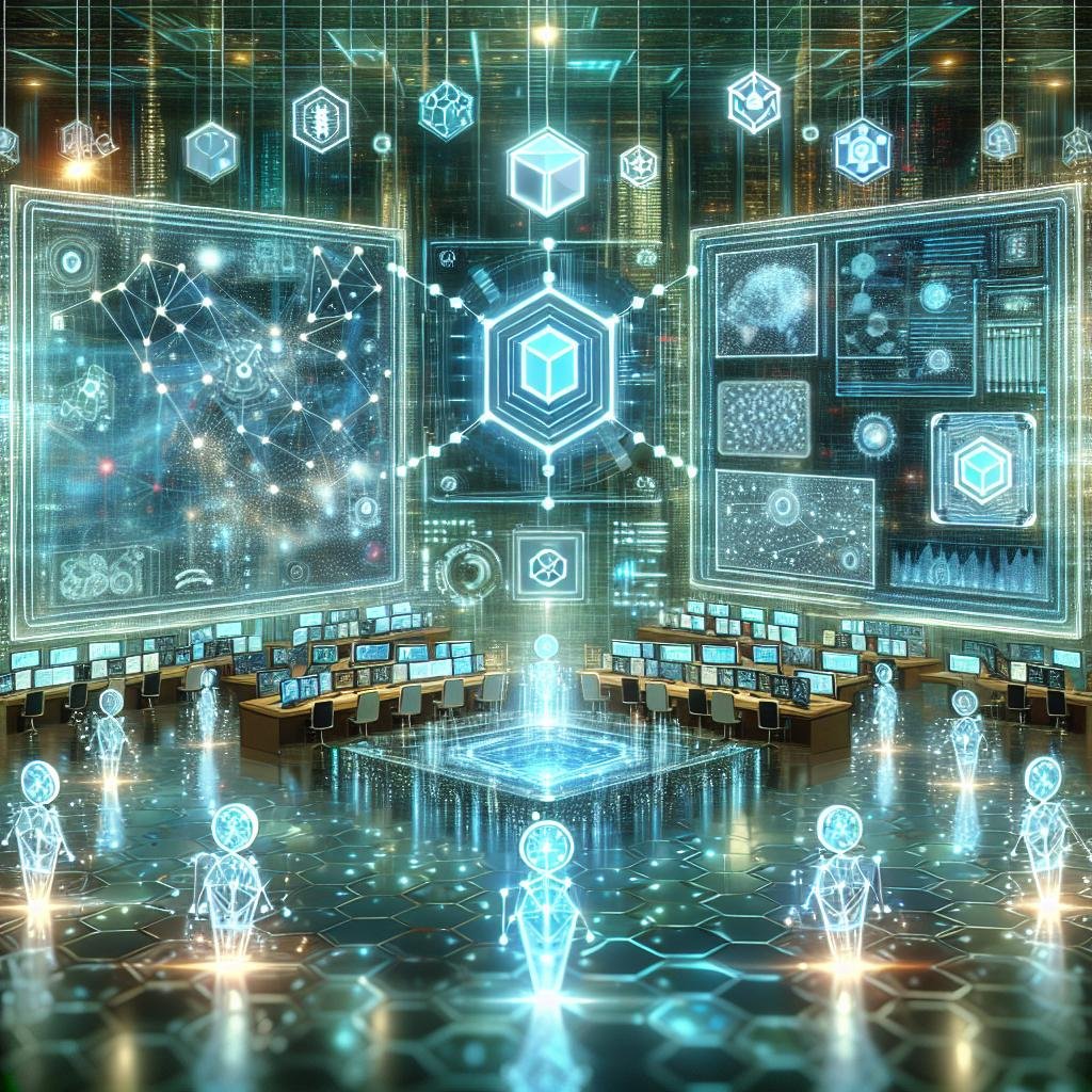 Futuristisches Kontrollzentrum mit holographischen Displays, autonomen KI-Agenten und blockchain-gesicherten Daten in einer modernen Umgebung.