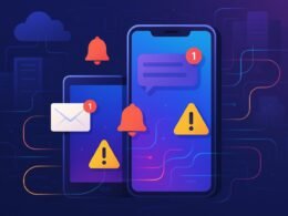 Abstrakte digitale Welt mit Smartphone, Tablet, bunten Benachrichtigungen, Servern und Cloud-Icon, verbunden durch Datenströme