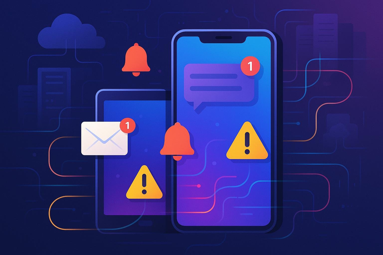 Abstrakte digitale Welt mit Smartphone, Tablet, bunten Benachrichtigungen, Servern und Cloud-Icon, verbunden durch Datenströme