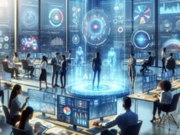 Innovatives Marketingbüro mit futuristischen Technologie-Displays, holographischen Interfaces und Teamarbeit an digitalen Datenvisualisierungen