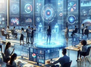 Innovatives Marketingbüro mit futuristischen Technologie-Displays, holographischen Interfaces und Teamarbeit an digitalen Datenvisualisierungen