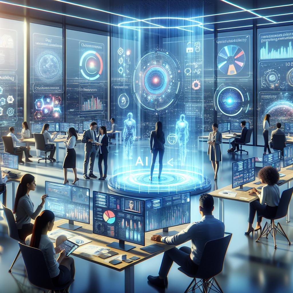 Innovatives Marketingbüro mit futuristischen Technologie-Displays, holographischen Interfaces und Teamarbeit an digitalen Datenvisualisierungen