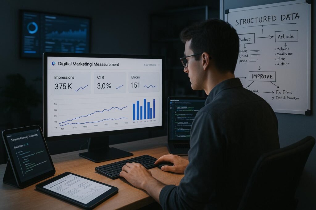 Ein moderner Digital Marketing Arbeitsplatz mit mehreren Bildschirmen, die Analytik- und Schema-Validierungstools zeigen, begleitet von Skizzen zu Datenstrukturen und Strategien. Hintergrund mit technischer Büroatmosphäre, Credit: 404 Magazine (Tobias Hager)