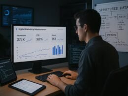 Ein moderner Digital Marketing Arbeitsplatz mit mehreren Bildschirmen, die Analytik- und Schema-Validierungstools zeigen, begleitet von Skizzen zu Datenstrukturen und Strategien. Hintergrund mit technischer Büroatmosphäre, Credit: 404 Magazine (Tobias Hager)