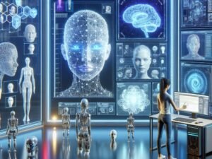 Futuristische digitale Kunstszene mit transparentem Touchscreen, holographischen Avataren und Forscher bei Deepfake-Sicherheitsanalyse, präsentiert von Tobias Hager für 404 Magazine