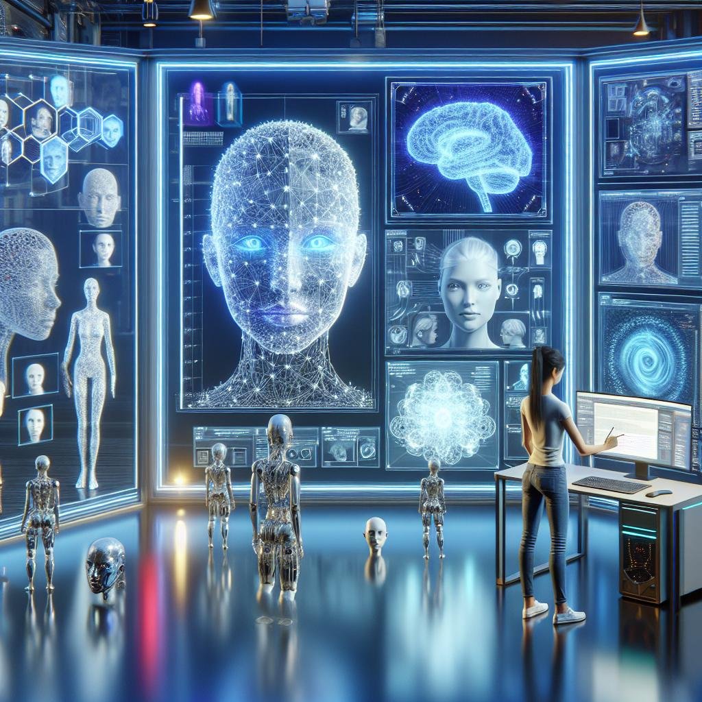 Futuristische digitale Kunstszene mit transparentem Touchscreen, holographischen Avataren und Forscher bei Deepfake-Sicherheitsanalyse, präsentiert von Tobias Hager für 404 Magazine