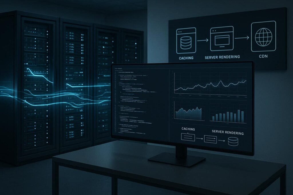 Modernes minimalistisches Serverraum-Setup mit Server-Racks, leuchtenden Netzwerkkabeln, digitalen Datenströmen, Monitoren mit Code und Performance-Diagrammen, sowie schematischen Darstellungen von Caching, Server-Rendering und CDN, bei kühler futuristischer Beleuchtung.