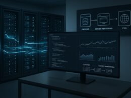 Modernes minimalistisches Serverraum-Setup mit Server-Racks, leuchtenden Netzwerkkabeln, digitalen Datenströmen, Monitoren mit Code und Performance-Diagrammen, sowie schematischen Darstellungen von Caching, Server-Rendering und CDN, bei kühler futuristischer Beleuchtung.