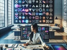 Moderner Arbeitsplatz mit einem Designer, der KI-generierte farbige Logos auf einem großen Bildschirm betrachtet, umgeben von digitalen Tablets, Branding-Mockups und Kunstwerken im Hintergrund.