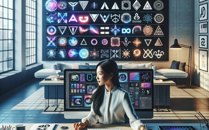 Moderner Arbeitsplatz mit einem Designer, der KI-generierte farbige Logos auf einem großen Bildschirm betrachtet, umgeben von digitalen Tablets, Branding-Mockups und Kunstwerken im Hintergrund.