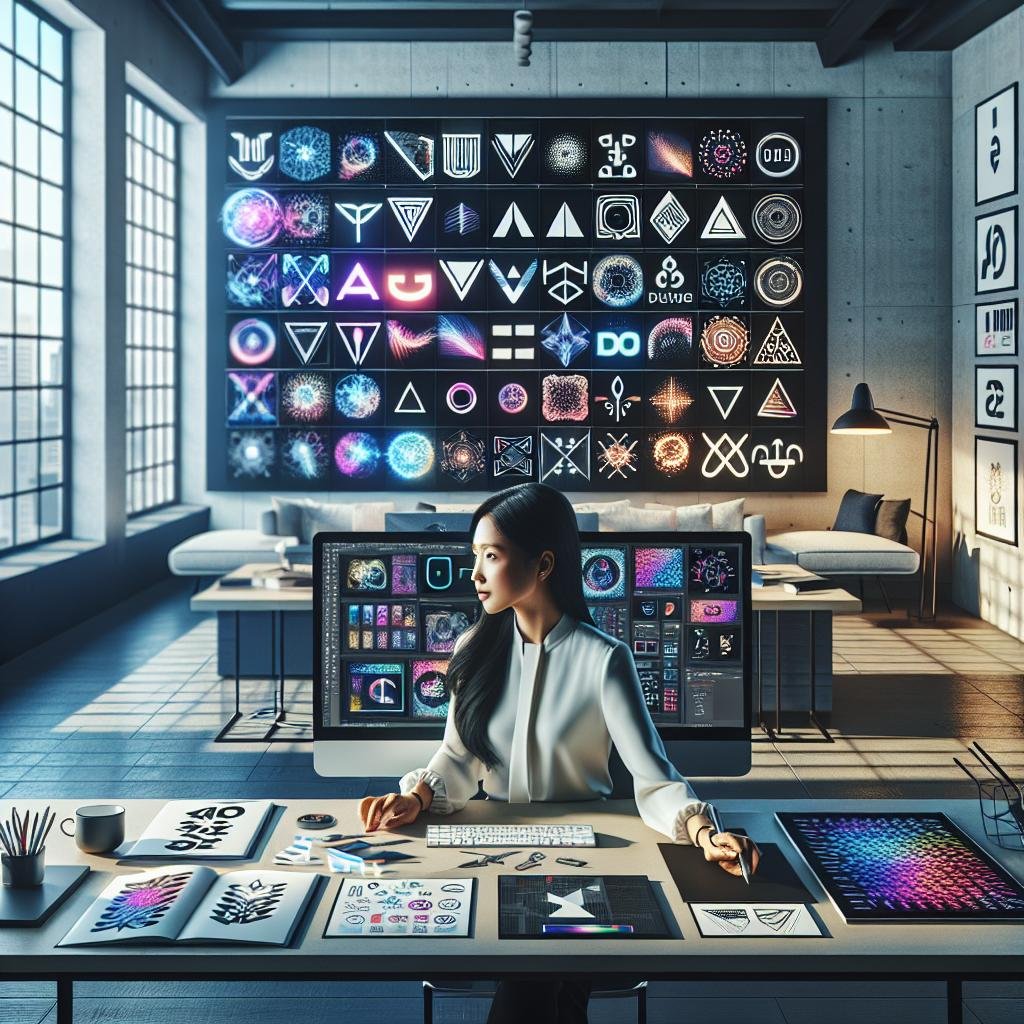 Moderner Arbeitsplatz mit einem Designer, der KI-generierte farbige Logos auf einem großen Bildschirm betrachtet, umgeben von digitalen Tablets, Branding-Mockups und Kunstwerken im Hintergrund.