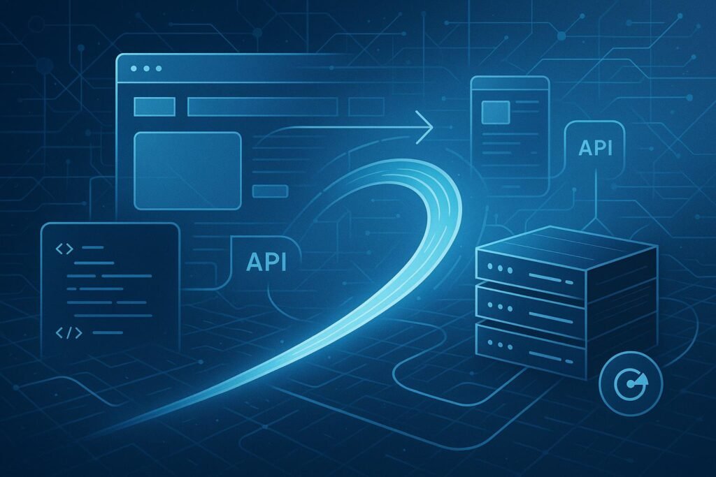 Futuristische Darstellung einer Headless E-Commerce-Website mit Netzwerkverbindungen, API-Icons und responsive Layouts auf verschiedenen Geräten.