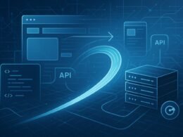 Futuristische Darstellung einer Headless E-Commerce-Website mit Netzwerkverbindungen, API-Icons und responsive Layouts auf verschiedenen Geräten.