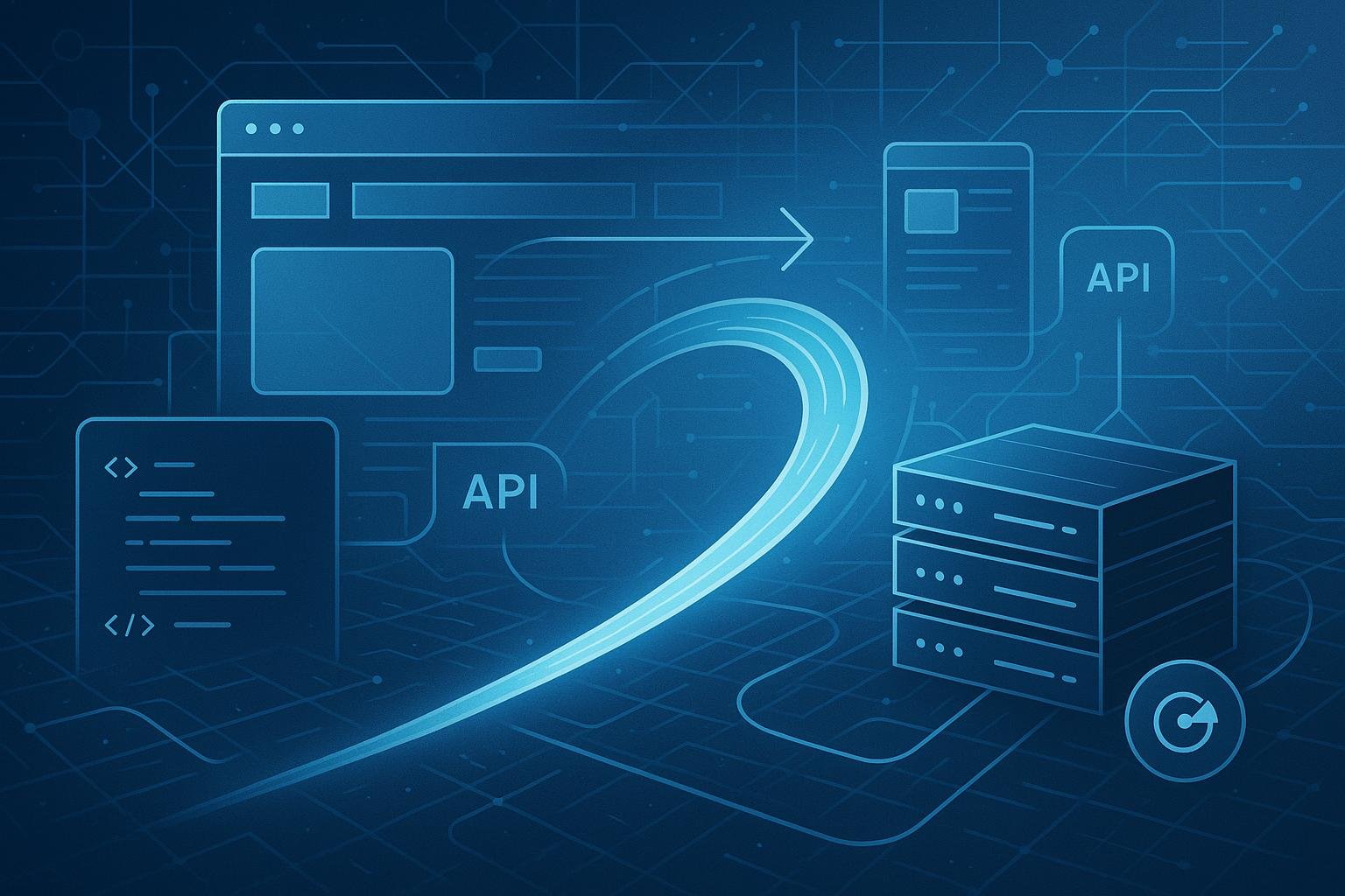 Futuristische Darstellung einer Headless E-Commerce-Website mit Netzwerkverbindungen, API-Icons und responsive Layouts auf verschiedenen Geräten.
