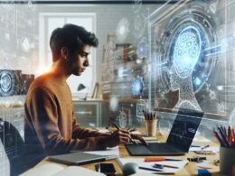 Kreative Person arbeitet an einem großen Bildschirm mit komplexen KI-Prompts in einem modernen, hellen Arbeitsraum mit Whiteboards und digitalen Grafiken im Hintergrund.