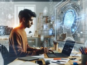 Kreative Person arbeitet an einem großen Bildschirm mit komplexen KI-Prompts in einem modernen, hellen Arbeitsraum mit Whiteboards und digitalen Grafiken im Hintergrund.