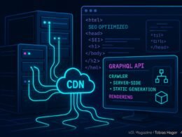 Modernes Web-Backend mit Servern, Cloud-CDN, Entwicklerkonsole, und einer hierarchisch strukturierten, SEO-optimierten Webseite im Hintergrund.