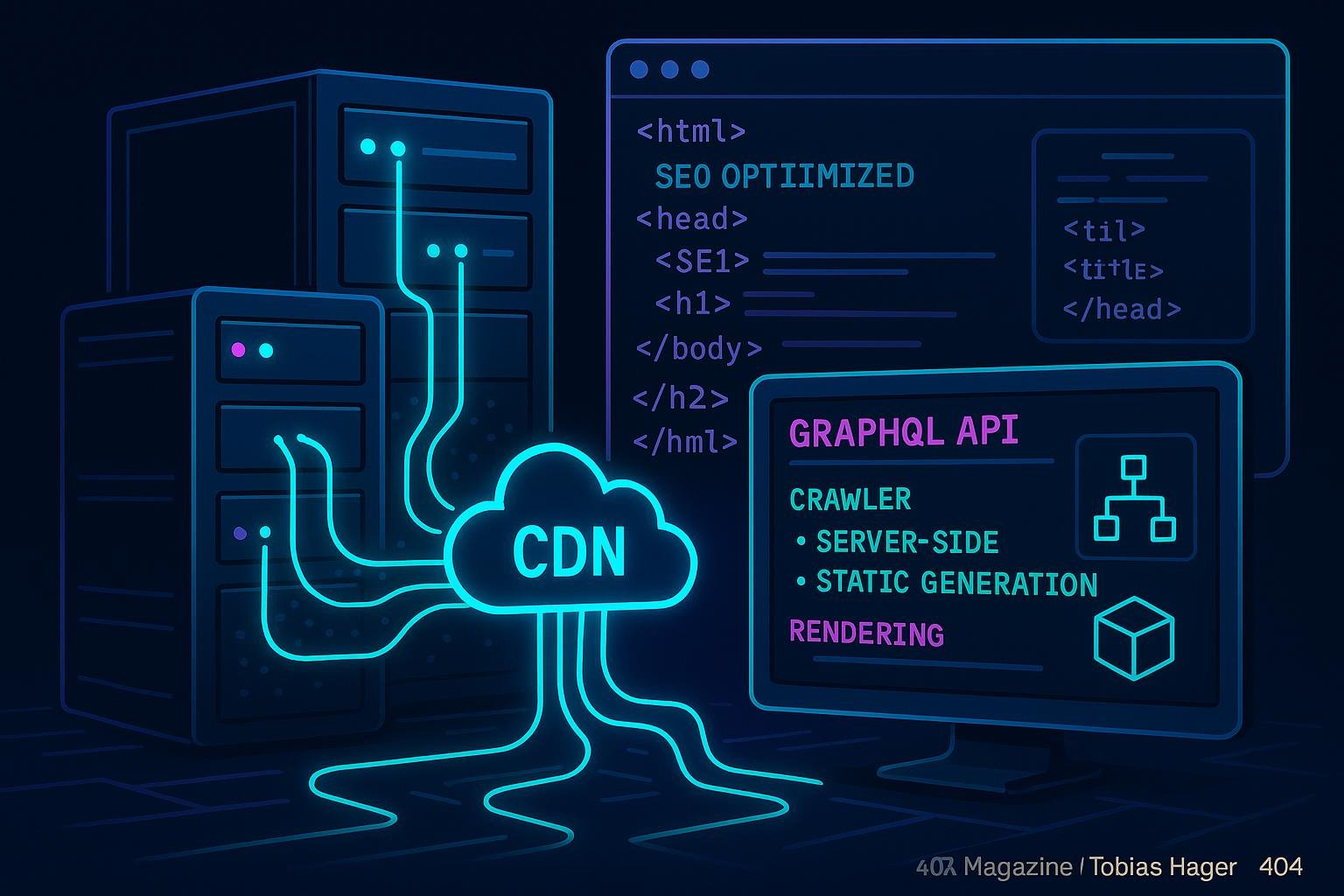 Modernes Web-Backend mit Servern, Cloud-CDN, Entwicklerkonsole, und einer hierarchisch strukturierten, SEO-optimierten Webseite im Hintergrund.