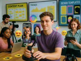 Junge Kreative in einem dynamischen Social Media Studio arbeiten mit Kameras, Laptops und Smartphones, kreative Filter und AR-Prototypen schweben um sie herum, Bildschirmmonitore zeigen Trendanalysen und Content-Planung. Credit: Tobias Hager, 404 Magazine